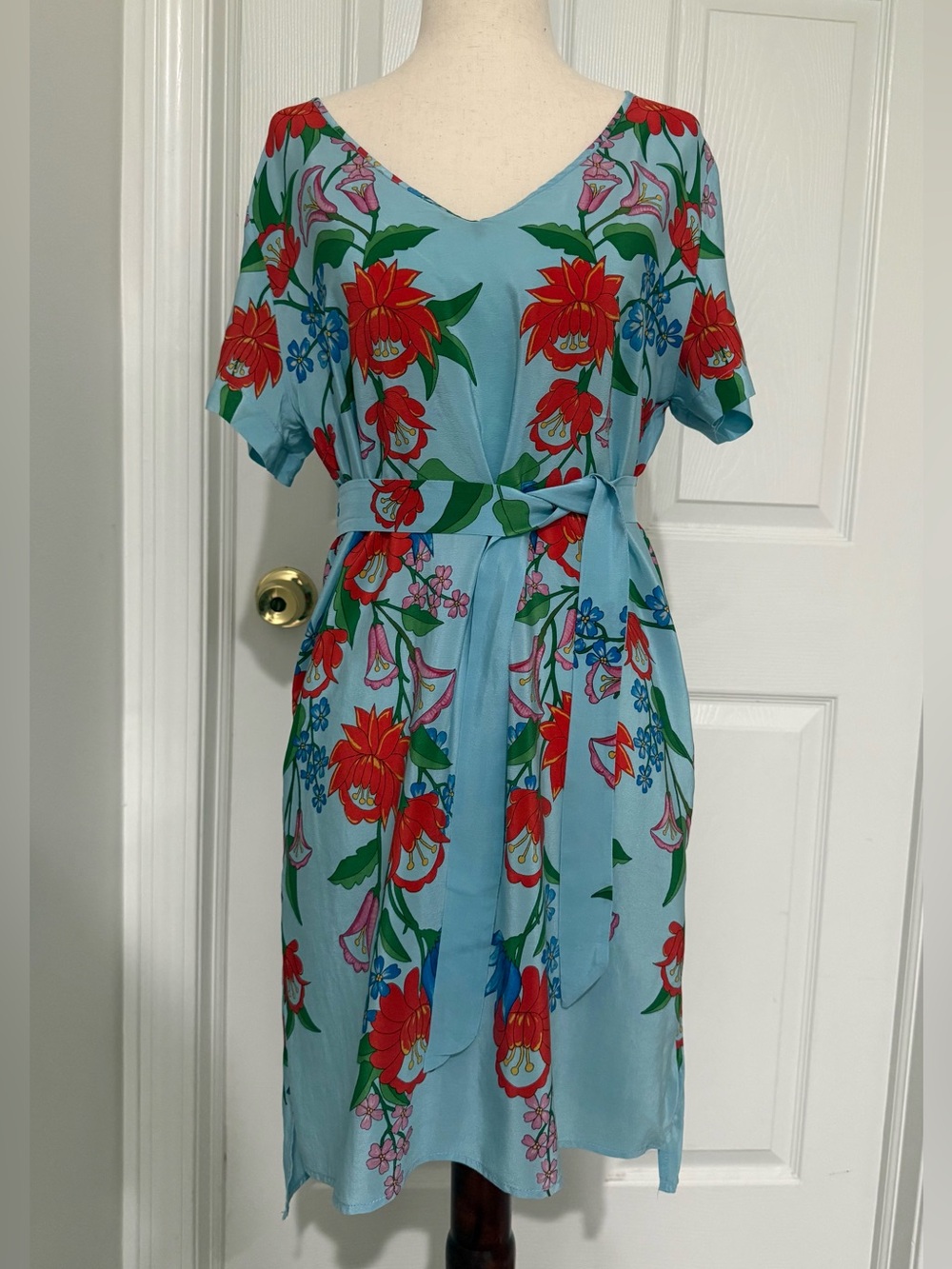 100% silk summer dress belted floral blue sz Small
